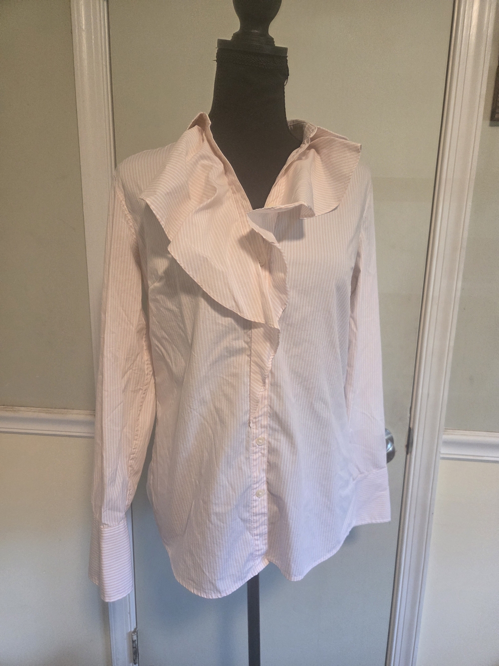 Banana Republic Pink Striped Ruffle-Front Button Down Shirt